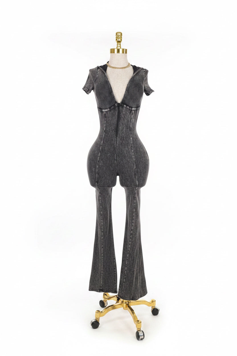 Acid Wash Gray Hooded backless Jumpsuit | Curvy woman wearing luxury activewear in Los Angeles