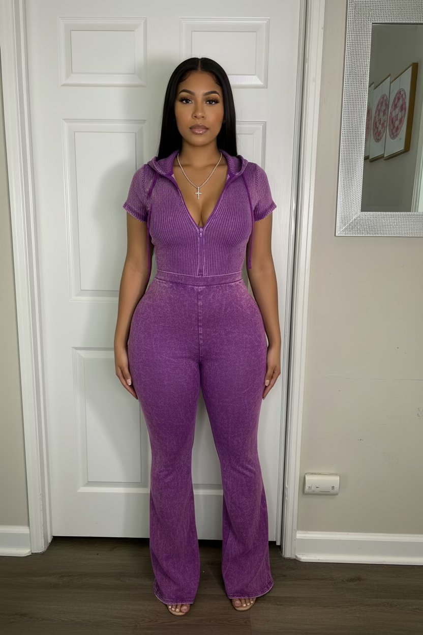 Acid Wash Purple Backless Hooded Jumpsuit