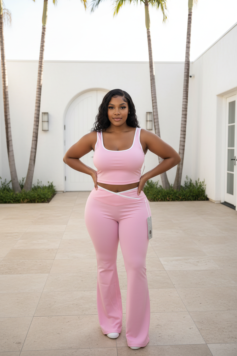 Curvy woman wearing baby pink sculpting workout set – two-piece activewear by Sophi Haus