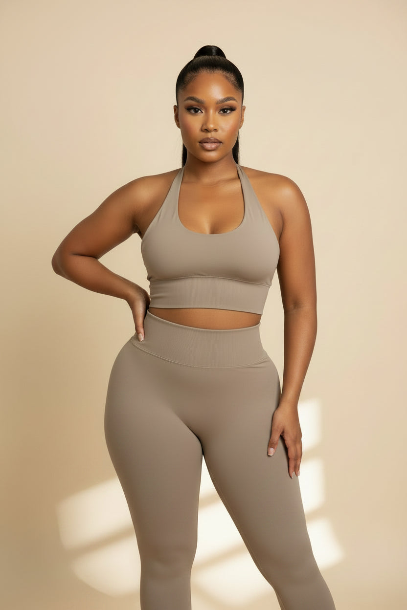 DAM YALL ARE FAST WORKOUT SET | Beige Women’s Tummy Compression Workout Set – Sculpting Top & Leggings | Sophi Haus