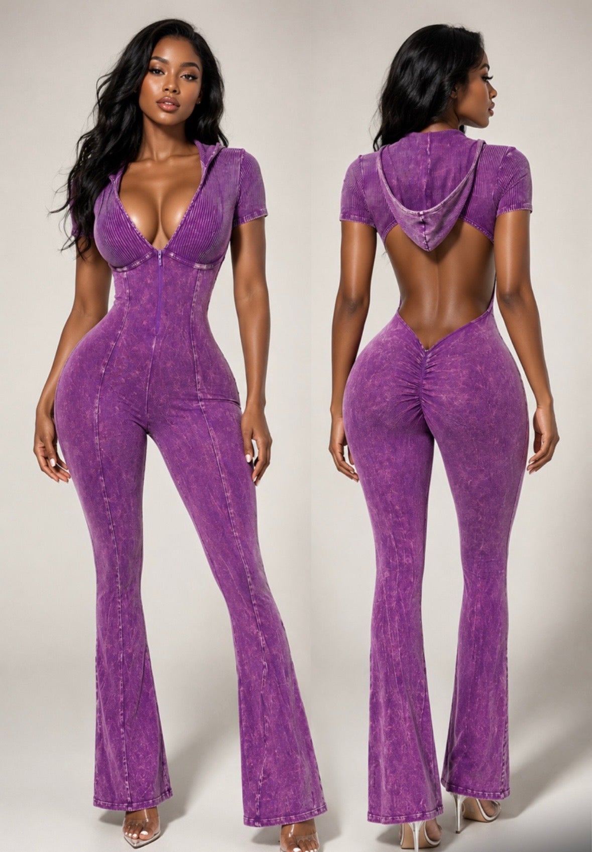 Acid Wash Purple Backless Hooded Jumpsuit