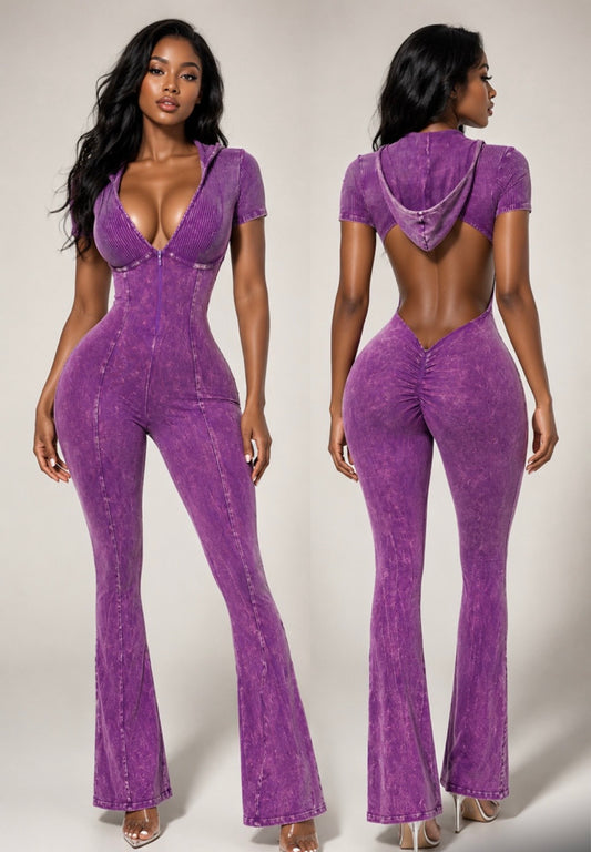 Acid Wash Purple Backless Hooded Jumpsuit