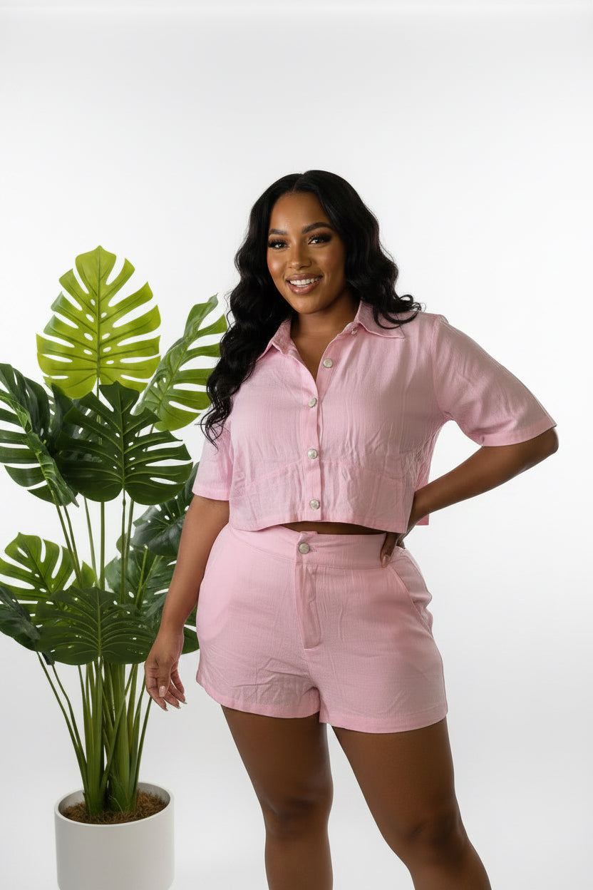 Button Up Crop Top with Shorts Set and Pockets