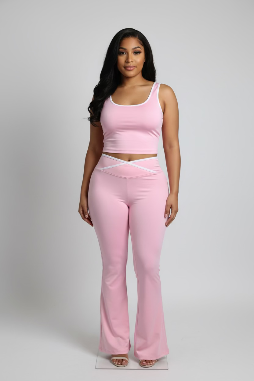 Baby‑pink sculpting workout set made with four‑way stretch nylon and a breathable, curve‑enhancing