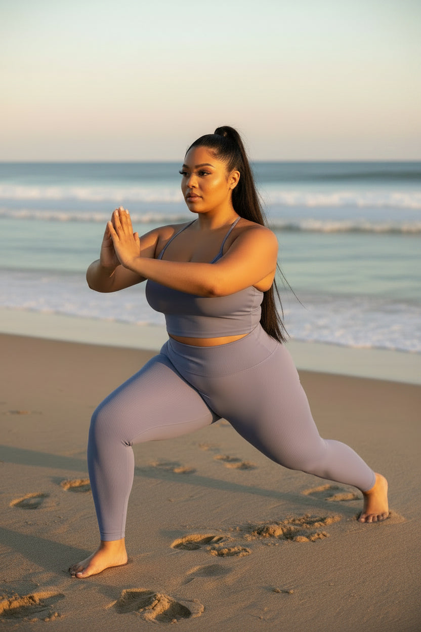 A two-piece activewear set in dusty periwinkle blue, displayed on a mannequin torso. The set includes a ribbed tank top and matching high-waisted leggings.