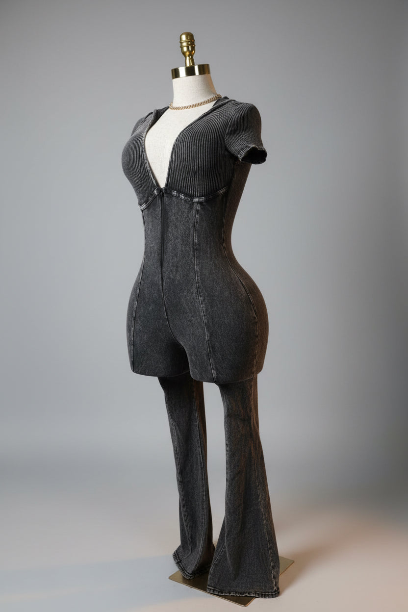 Acid Wash Gray Hooded backless Jumpsuit  | Curvy woman wearing luxury activewear in Los Angeles