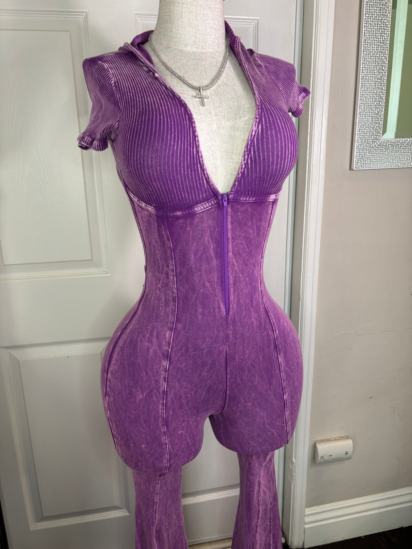 Acid Wash Purple Backless Hooded Jumpsuit