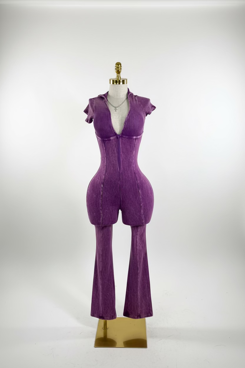 Acid Wash Purple Backless Hooded Jumpsuit