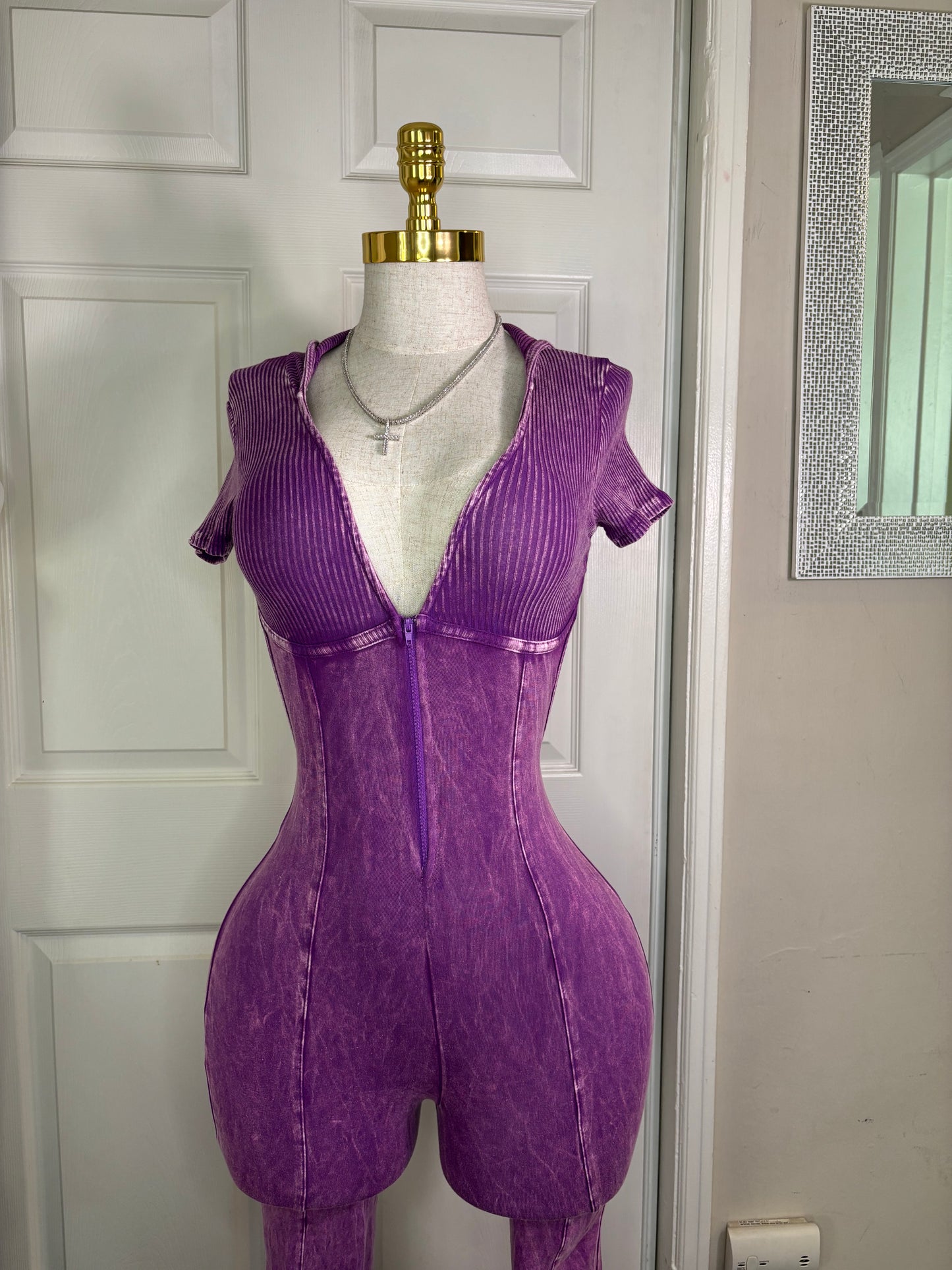 Acid Wash Purple Backless Hooded Jumpsuit