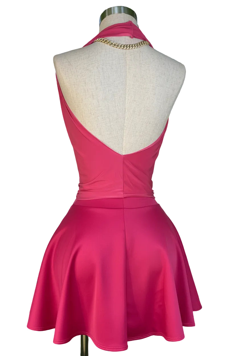 Magenta Tennis Skirt & Halter Top Set  Luxury activewear designed for curvy figures. Stylish, sculpting, and available in sizes S–L.