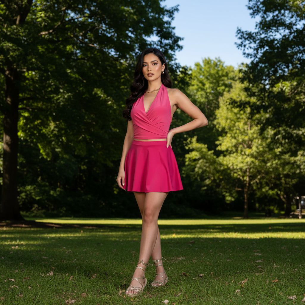  Luxury activewear designed for curvy figures. Stylish, sculpting, and available in sizes S–L. Magenta tennis skirt and halter top set with four‑way stretch fabric. 