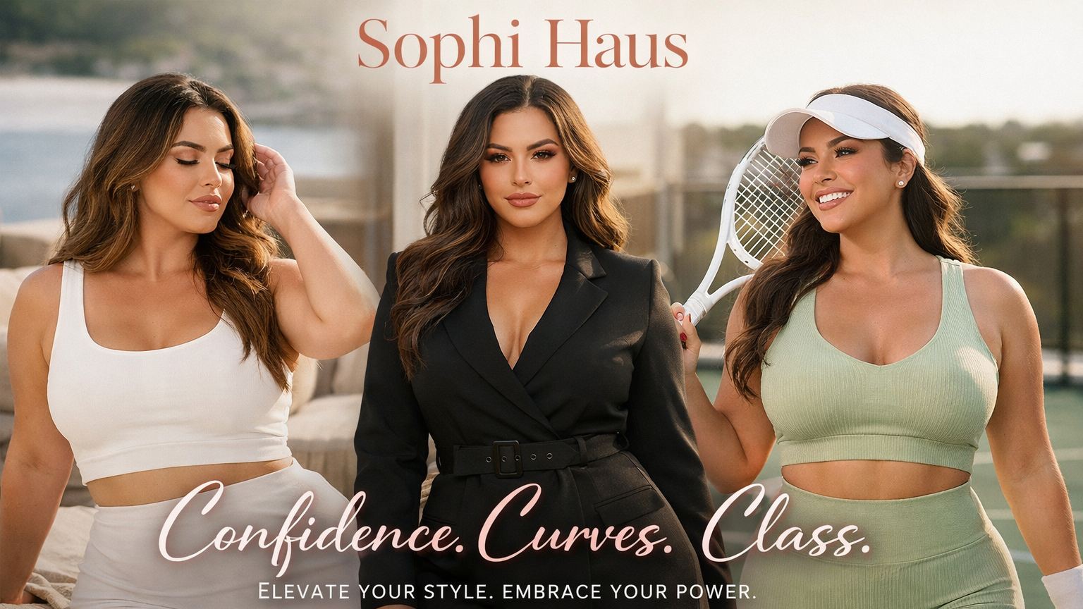 Three women in athletic wear with 'Sophi Haus' branding and promotional text.