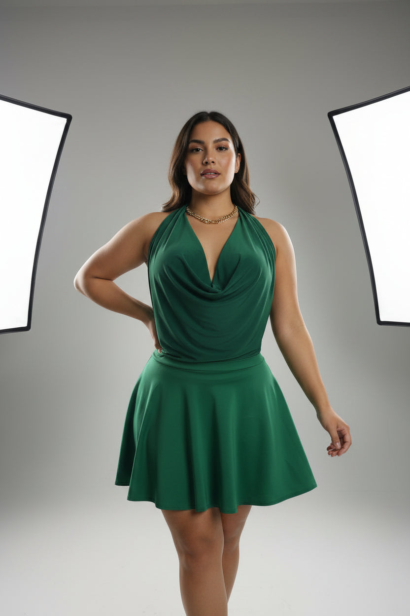 Women’s Green Tennis Skirt & Halter Top Set – Luxury Activewear for Curvy Figures | Sophi Haus