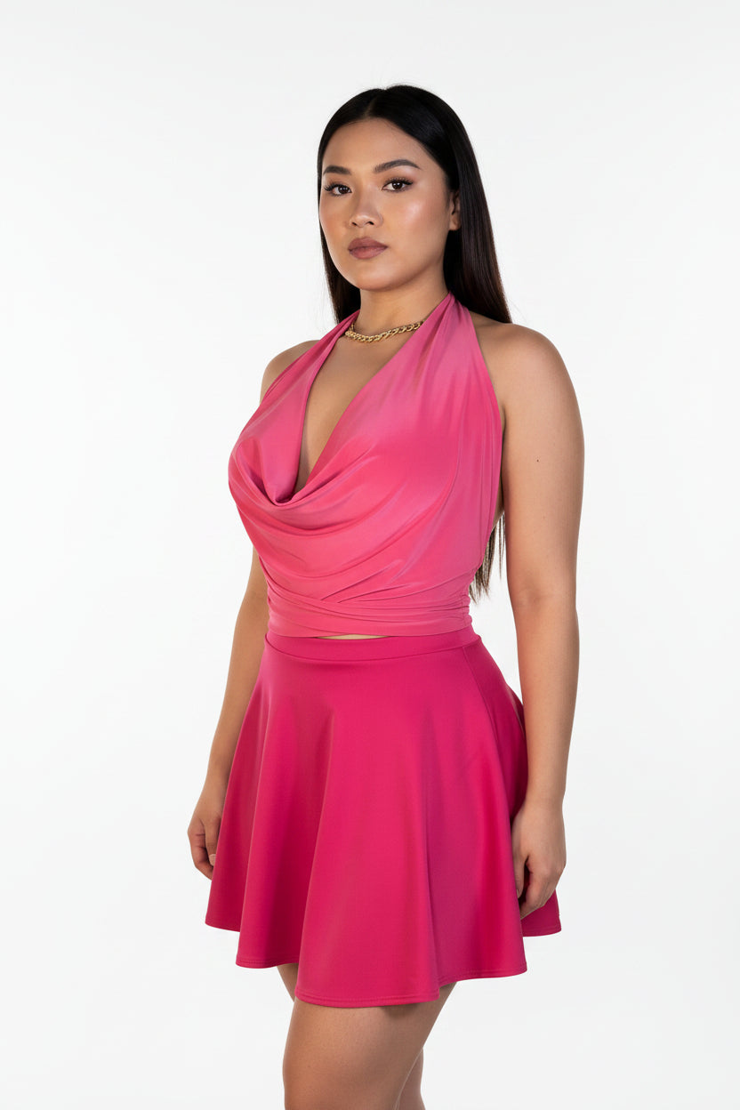 Women’s Magenta Tennis Skirt & Halter Top Set
Magenta tennis skirt and halter top set with four‑way stretch fabric. Luxury activewear designed for curvy figures. Stylish, sculpting, and available in sizes S–L.